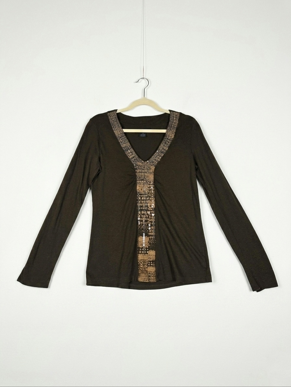 Calvin Klein Y2K Top V-neck Sequins Long Sleeve Brown Knit Size Large Slim Fit